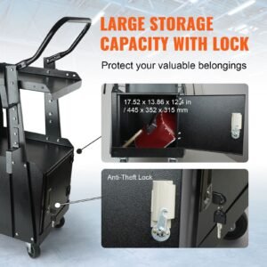 welding cart, 2 tier heavy duty welder cart with anti theft lockable cabinet, 265lbs weight capacity, 360° swivel wheels, tank storage safety chains, welding cabinet for tig, arc, plasma cutter