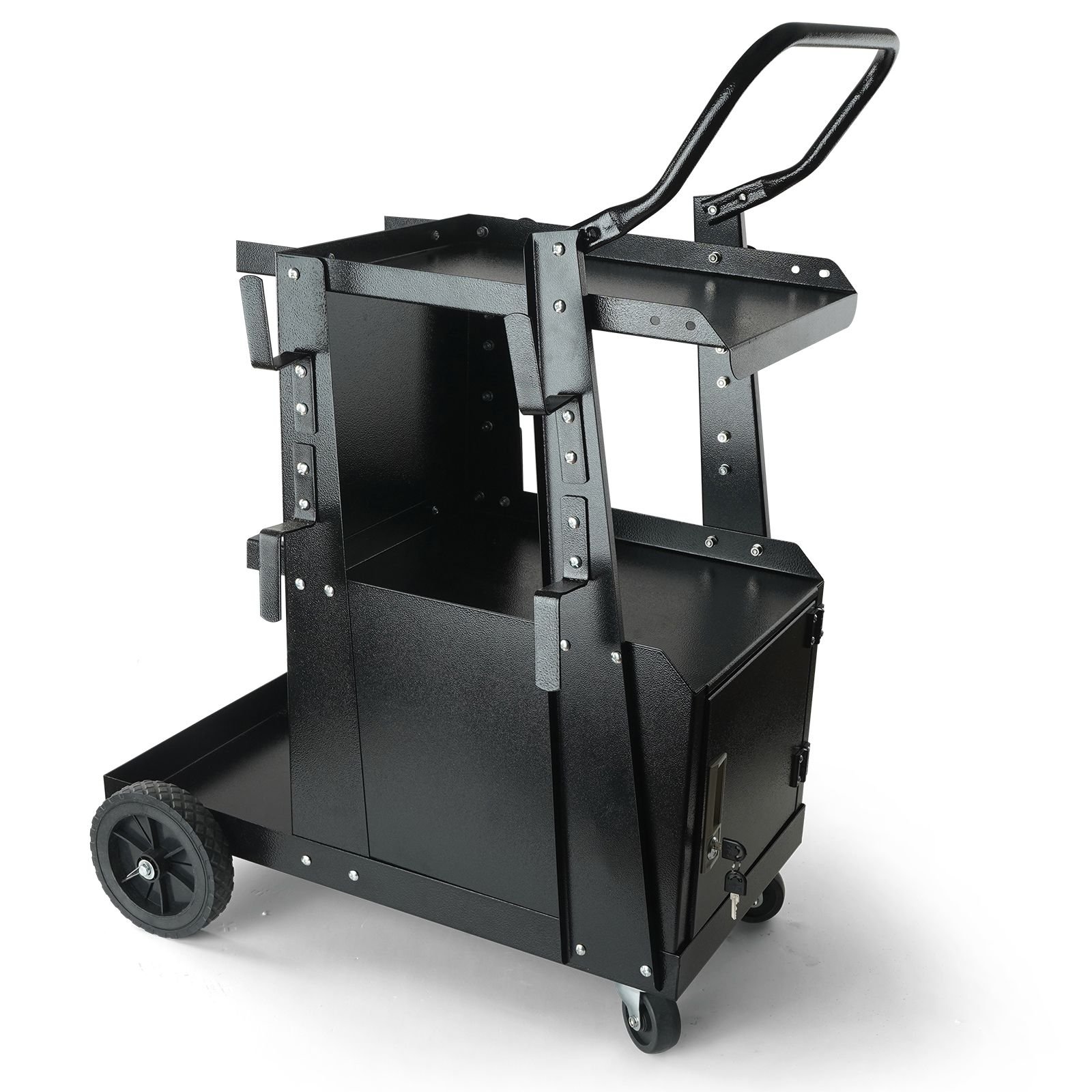welding cart, 2 tier heavy duty welder cart with anti theft lockable cabinet, 265lbs weight capacity, 360° swivel wheels, tank storage safety chains, welding cabinet for tig, arc, plasma cutter