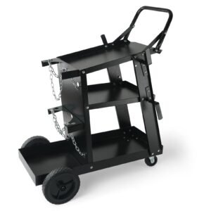 welding cart, 3 tier welder cart heavy duty with 400 lbs weight capacity, 360° swivel wheels, tank storage safety chains, rolling mig welder cart for tig, arc, mma, plasma cutter welding machine