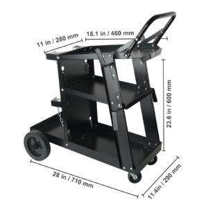 welding cart, 3 tier welder cart heavy duty with 400 lbs weight capacity, 360° swivel wheels, tank storage safety chains, rolling mig welder cart for tig, arc, mma, plasma cutter welding machine
