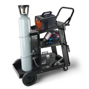 welding cart, 3 tier welder cart heavy duty with 400 lbs weight capacity, 360° swivel wheels, tank storage safety chains, rolling mig welder cart for tig, arc, mma, plasma cutter welding machine