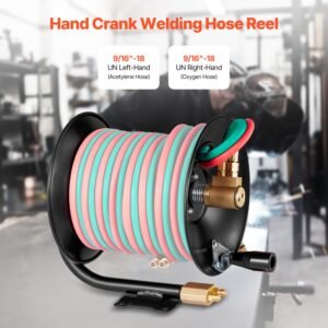 welding hose reel, hand crank rewind hose reel with 3ft lead in hose and 9/16" 18 b fittings, ceiling/wall mount heavy duty steel reel for workshops garages (welding hose not included)