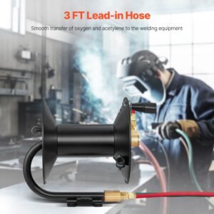 welding hose reel, hand crank rewind hose reel with 3ft lead in hose and 9/16" 18 b fittings, ceiling/wall mount heavy duty steel reel for workshops garages (welding hose not included)