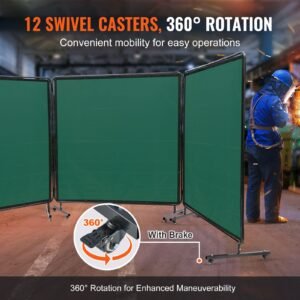 welding screen with frame, 6' x 6' 3 panel welding curtain screens, flame resistant vinyl welding protection screen on 12 swivel wheels (6 lockable), moveable & professional for workshop, green