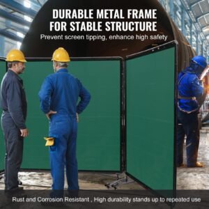 welding screen with frame, 6' x 6' 3 panel welding curtain screens, flame resistant vinyl welding protection screen on 12 swivel wheels (6 lockable), moveable & professional for workshop, green