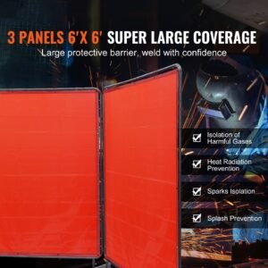 welding screen with frame, 6' x 6' 3 panel welding curtain screens, flame resistant vinyl welding protection screen on 12 swivel wheels (6 lockable), moveable & professional for workshop, red
