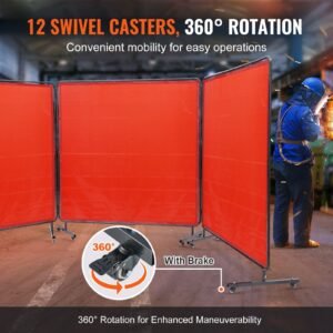 welding screen with frame, 6' x 6' 3 panel welding curtain screens, flame resistant vinyl welding protection screen on 12 swivel wheels (6 lockable), moveable & professional for workshop, red