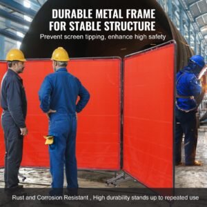 welding screen with frame, 6' x 6' 3 panel welding curtain screens, flame resistant vinyl welding protection screen on 12 swivel wheels (6 lockable), moveable & professional for workshop, red