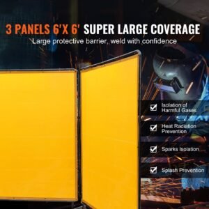 welding screen with frame, 6' x 6' 3 panel welding curtain screens, flame resistant vinyl welding protection screen on 12 swivel wheels (6 lockable), moveable & professional for workshop, yellow