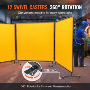 welding screen with frame, 6' x 6' 3 panel welding curtain screens, flame resistant vinyl welding protection screen on 12 swivel wheels (6 lockable), moveable & professional for workshop, yellow