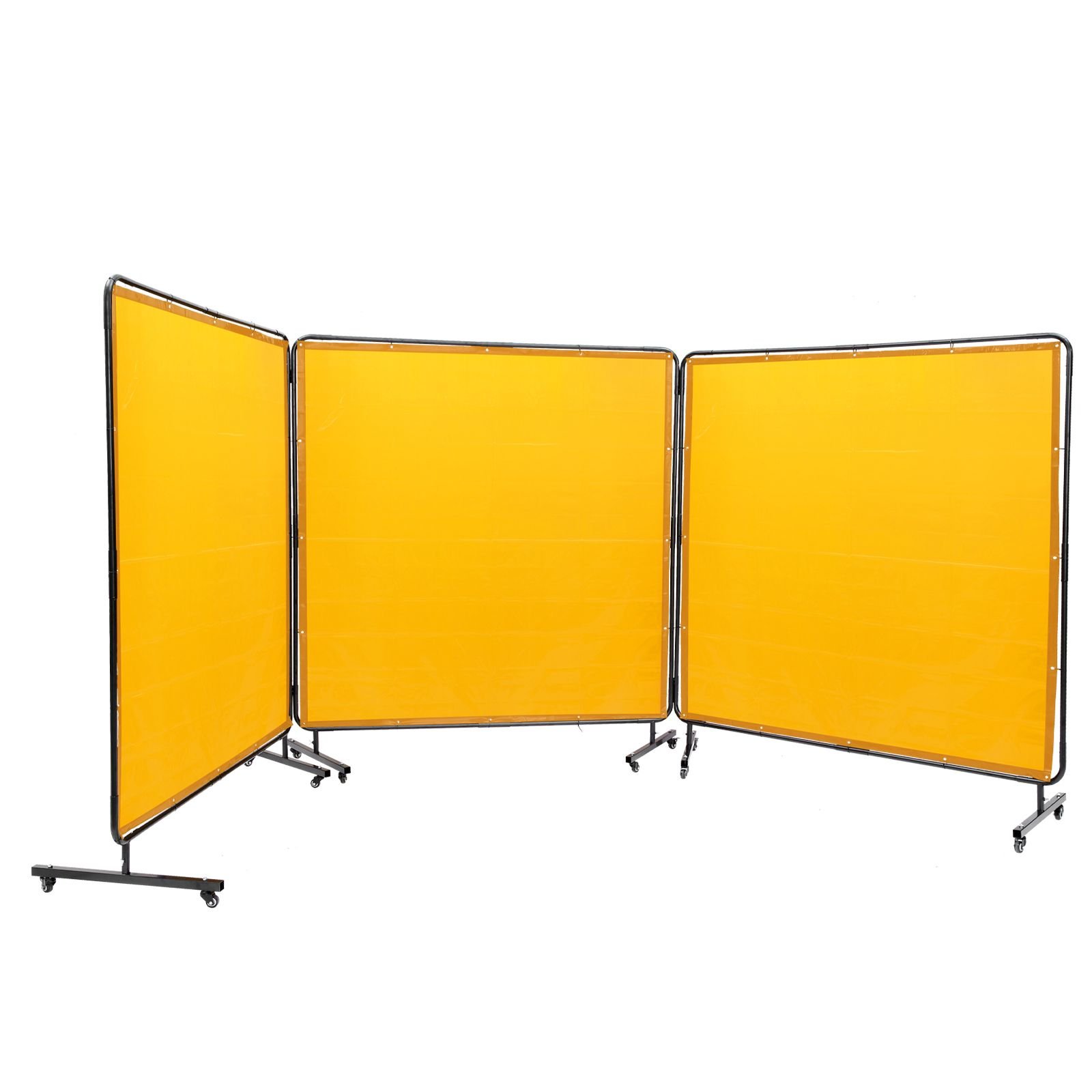 welding screen with frame, 6' x 6' 3 panel welding curtain screens, flame resistant vinyl welding protection screen on 12 swivel wheels (6 lockable), moveable & professional for workshop, yellow