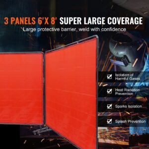 welding screen with frame, 6' x 8' 3 panel welding curtain screens, flame resistant vinyl welding protection screen on 12 swivel wheels (6 lockable), moveable & professional for workshop, red