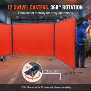 welding screen with frame, 6' x 8' 3 panel welding curtain screens, flame resistant vinyl welding protection screen on 12 swivel wheels (6 lockable), moveable & professional for workshop, red