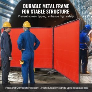 welding screen with frame, 6' x 8' 3 panel welding curtain screens, flame resistant vinyl welding protection screen on 12 swivel wheels (6 lockable), moveable & professional for workshop, red