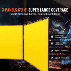 welding screen with frame, 6' x 8' 3 panel welding curtain screens, flame resistant vinyl welding protection screen on 12 swivel wheels (6 lockable), moveable & professional for workshop, yellow