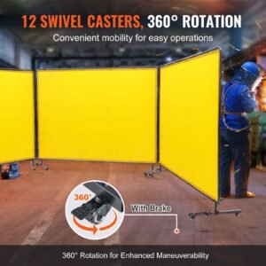 welding screen with frame, 6' x 8' 3 panel welding curtain screens, flame resistant vinyl welding protection screen on 12 swivel wheels (6 lockable), moveable & professional for workshop, yellow