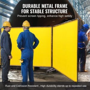 welding screen with frame, 6' x 8' 3 panel welding curtain screens, flame resistant vinyl welding protection screen on 12 swivel wheels (6 lockable), moveable & professional for workshop, yellow