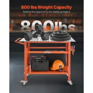 welding table, 40" x 24" welding workbench table with 800lbs static weight capacity, movable steel work bench with 4 wheels (2 with brake), double layer storage board and 5/8 inch fixture holes