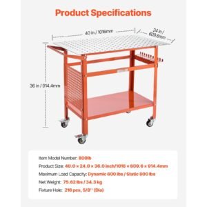 welding table, 40" x 24" welding workbench table with 800lbs static weight capacity, movable steel work bench with 4 wheels (2 with brake), double layer storage board and 5/8 inch fixture holes