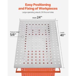 welding table, 40" x 24" welding workbench table with 800lbs static weight capacity, movable steel work bench with 4 wheels (2 with brake), double layer storage board and 5/8 inch fixture holes
