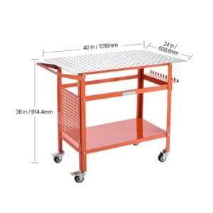 welding table, 40" x 24" welding workbench table with 800lbs static weight capacity, movable steel work bench with 4 wheels (2 with brake), double layer storage board and 5/8 inch fixture holes