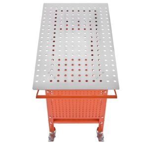 welding table, 40" x 24" welding workbench table with 800lbs static weight capacity, movable steel work bench with 4 wheels (2 with brake), double layer storage board and 5/8 inch fixture holes