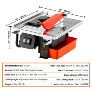 wet tile saw, 7 inch 65mn steel blade, 3500 rpm induction motor, tile cutter wet saw with water reservoir, 0 45 degrees miter angle for cutting tiles and stones, for diy enthusiasts