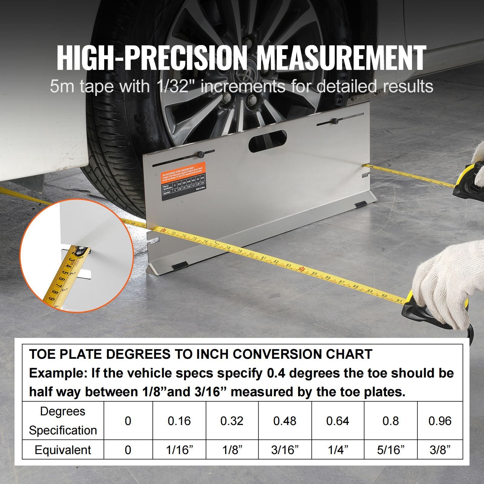 wheel alignment tool, 2 pack alignment tool toe plates, stainless steel toe angle measurement tool plate, 4 alignment rods and magnetic slots, includes measuring tapes & conversion chart