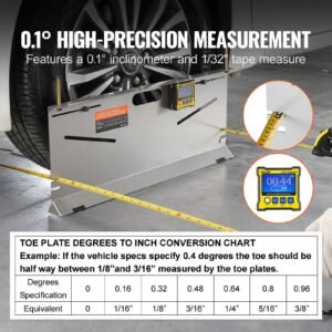 wheel alignment tool, 2 pack toe plates, camber/caster/toe gauge 0.1° accuracy, stainless steel tool plate, magnetic slots and 6 alignment rods, includes 2 measuring tapes & conversion chart