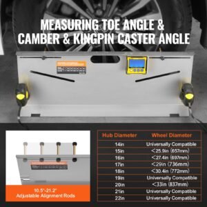 wheel alignment tool, 2 pack toe plates, camber/caster/toe gauge 0.1° accuracy, stainless steel tool plate, magnetic slots and 6 alignment rods, includes 2 measuring tapes & conversion chart