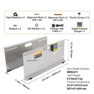wheel alignment tool, 2 pack toe plates, camber/caster/toe gauge 0.1° accuracy, stainless steel tool plate, magnetic slots and 6 alignment rods, includes 2 measuring tapes & conversion chart