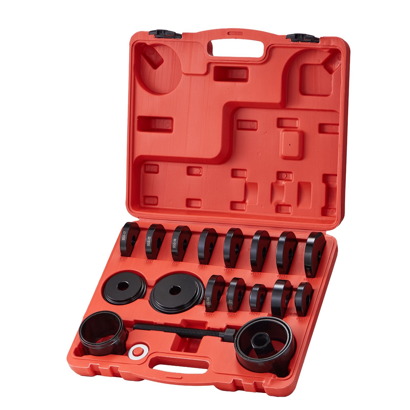 wheel bearing press kit, 23 pcs fwd bearing puller tools, for front wheel drive bearing removal and installation, wheel bearing tool with sliding screw, bushings, sleeve plates, storage case