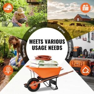 wheelbarrow cart, 6 cu. ft. load & 330 lbs capacity, one wheel garden dump cart wheel barrow with metal handle & 16" wide track wheels, easy loading utility yard cart & wagons for lawn farm