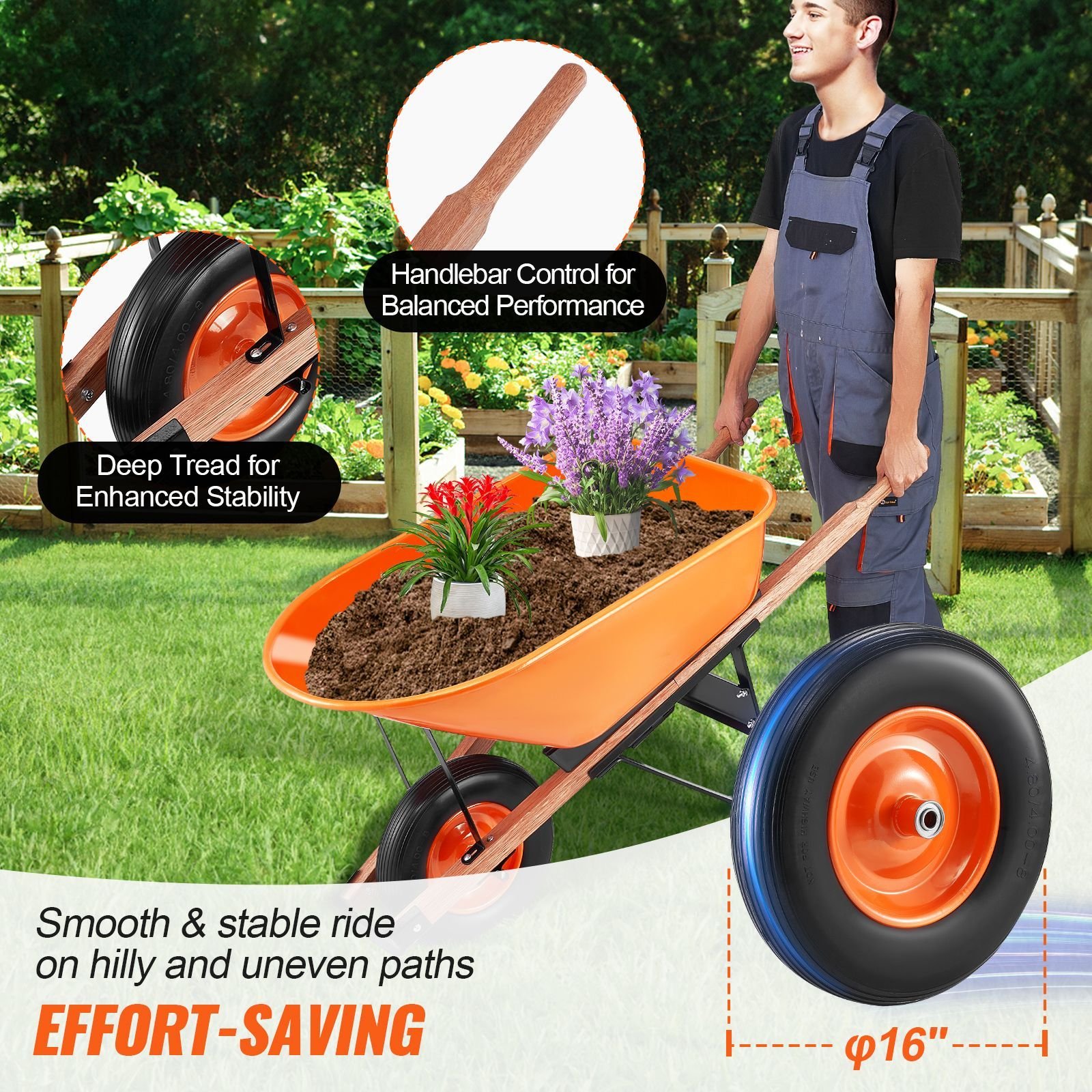 wheelbarrow cart, 6 cu. ft. load & 330 lbs capacity, one wheel garden dump cart wheel barrow with metal handle & 16" wide track wheels, easy loading utility yard cart & wagons for lawn farm