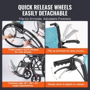 wheelchair, durable aluminum alloy ultra lightweight wheelchairs, portable wheelchair with flip back desk length arms, 3 position adjustable footrests, 18 inch wide seat, 250lbs weight capacity