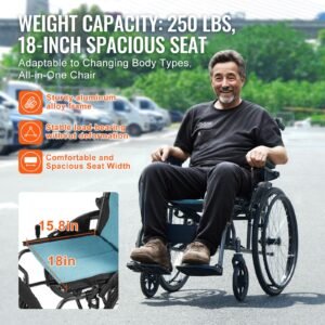 wheelchair, durable aluminum alloy ultra lightweight wheelchairs, portable wheelchair with flip back desk length arms, 3 position adjustable footrests, 18 inch wide seat, 250lbs weight capacity