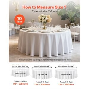 white round tablecloths 10 pack, 120 inches in diameter, stain & wrinkle resistant, machine washable table clothes, polyester fabric table covers for wedding, party, banquet, formal events