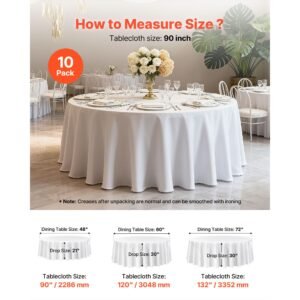 white round tablecloths 10 pack, 90 inches in diameter, stain & wrinkle resistant, machine washable table clothes, polyester fabric table covers for wedding, party, banquet, formal events