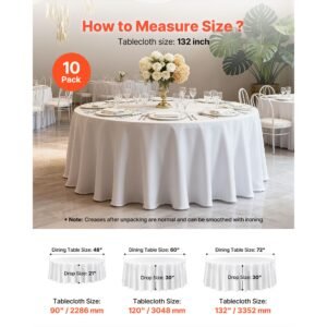 white round tablecloths 6 pack, 132 inches in diameter, stain & wrinkle resistant, machine washable table clothes, polyester fabric table covers for wedding, party, banquet, formal events