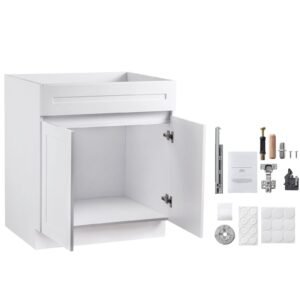 White Shaker Base Cabinet, 30-Inch Unassembled Sink Base Cabinet, 30" W x 24" D x 34.5" H Ready to Assemble Cabinet with Soft-Close Doors and Adjustable Shelf, for Home Office