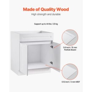 white shaker base cabinet, 30 inch unassembled sink base cabinet, 30" w x 24" d x 34.5" h ready to assemble cabinet with soft close doors and adjustable shelf, for home office