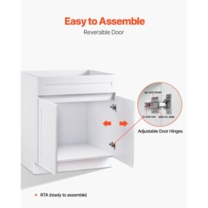 white shaker base cabinet, 30 inch unassembled sink base cabinet, 30" w x 24" d x 34.5" h ready to assemble cabinet with soft close doors and adjustable shelf, for home office