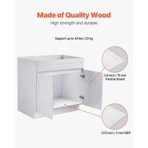 white shaker base cabinet, 36 inch unassembled sink base cabinet, 36" w x 24" d x 34.5" h ready to assemble cabinet with soft close doors and adjustable shelf, for home office