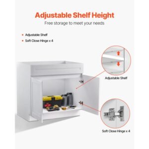 white shaker base cabinet, 36 inch unassembled sink base cabinet, 36" w x 24" d x 34.5" h ready to assemble cabinet with soft close doors and adjustable shelf, for home office