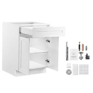 White Shaker Base Cabinet with Drawer, 24-Inch Unassembled Drawer Base Cabinet, 24" W x 24" D x 34.5" H Ready to Assemble Cabinet with Soft-Close Doors and Adjustable Shelf, for Home Office