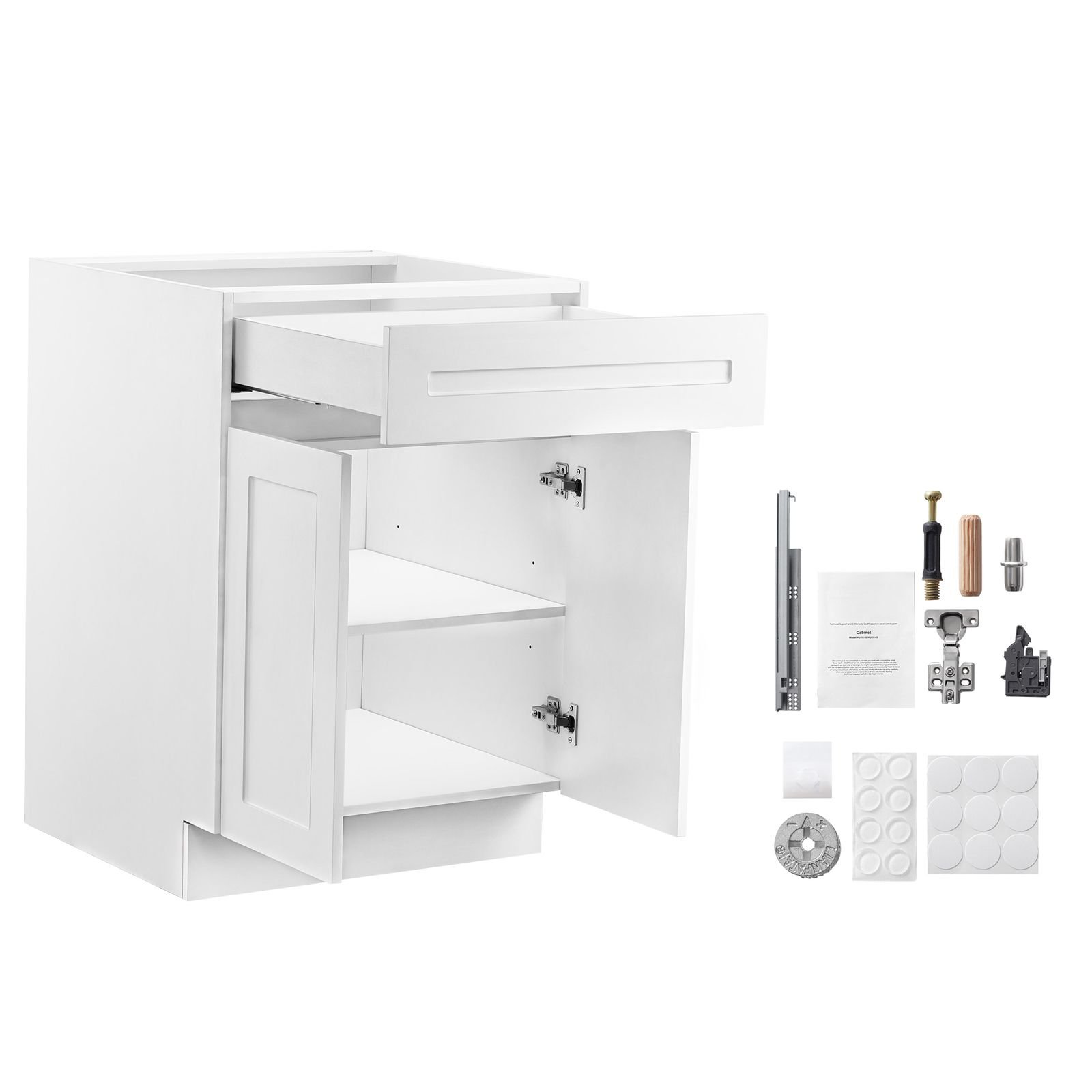 white shaker base cabinet with drawer, 24 inch unassembled drawer base cabinet, 24" w x 24" d x 34.5" h ready to assemble cabinet with soft close doors and adjustable shelf, for home office