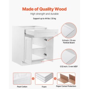 white shaker base cabinet with drawer, 24 inch unassembled drawer base cabinet, 24" w x 24" d x 34.5" h ready to assemble cabinet with soft close doors and adjustable shelf, for home office
