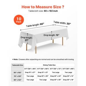 white tablecloths for rectangle tables, 10 pack, 60 x 102 inches, reusable and machine washable table clothes, wrinkle resistant polyester fabric table covers for wedding, party, banquet