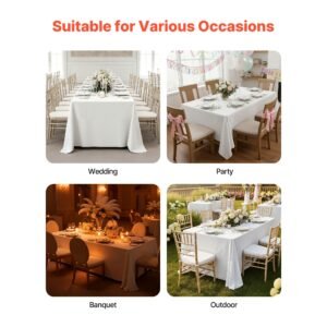 white tablecloths for rectangle tables, 6 pack, 60 x 102 inches, reusable and machine washable table clothes, wrinkle resistant polyester fabric table covers for wedding, party, banquet
