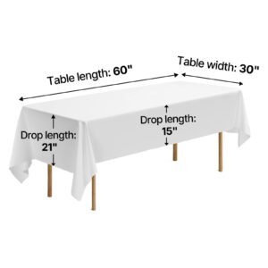 white tablecloths for rectangle tables, 6 pack, 60 x 102 inches, reusable and machine washable table clothes, wrinkle resistant polyester fabric table covers for wedding, party, banquet